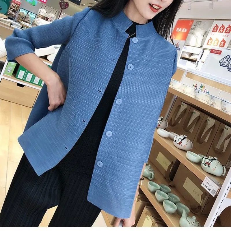 Wrinkled Small Cardigan Coat for Women Spring/Summer Temperament Loose Standing Collar Solid Versatile Slim Cardigan Female Top