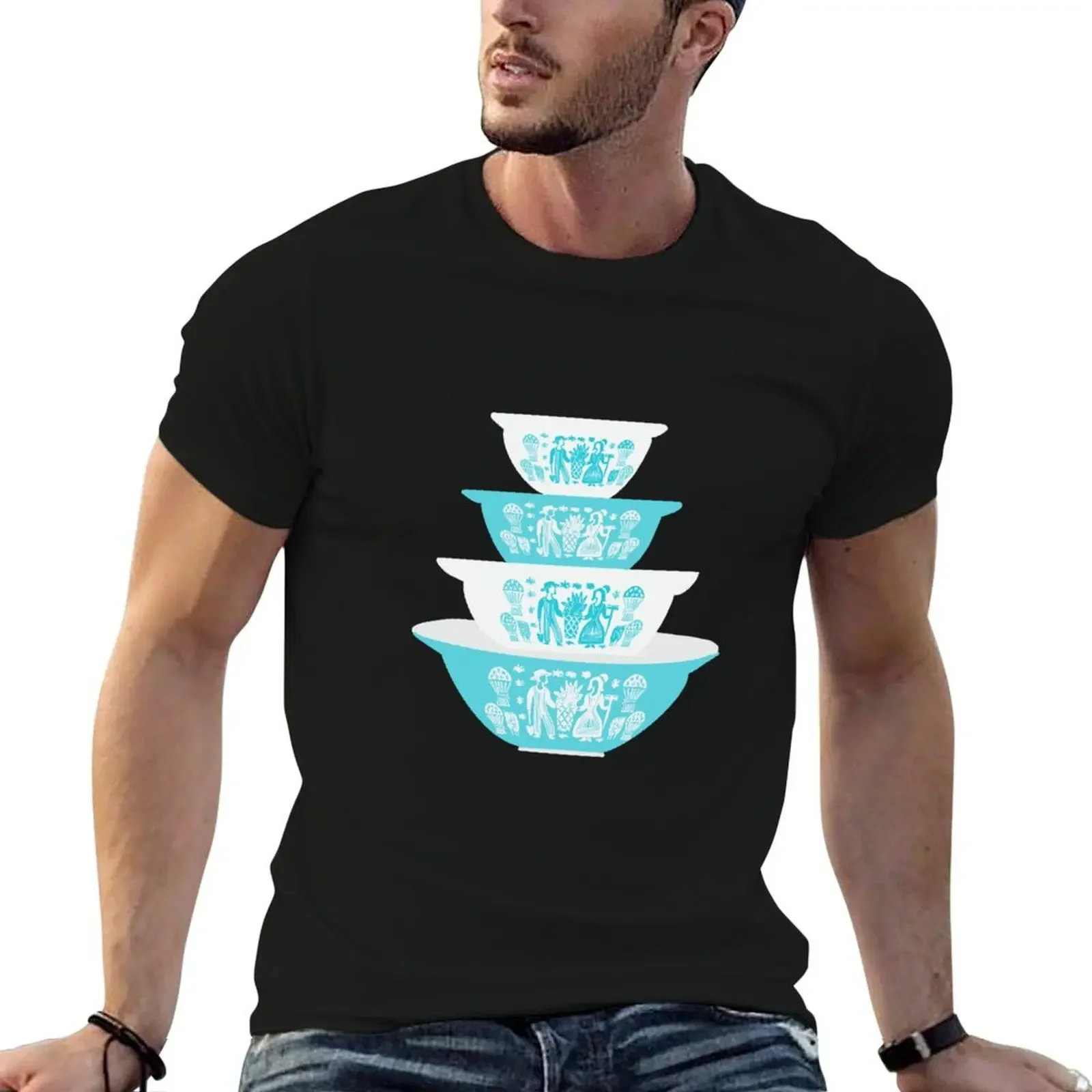 

Vintage Pyrex Butterprint Turquoise Nesting Bowls T-Shirt shirts graphic tees custom t shirt tee shirts for men