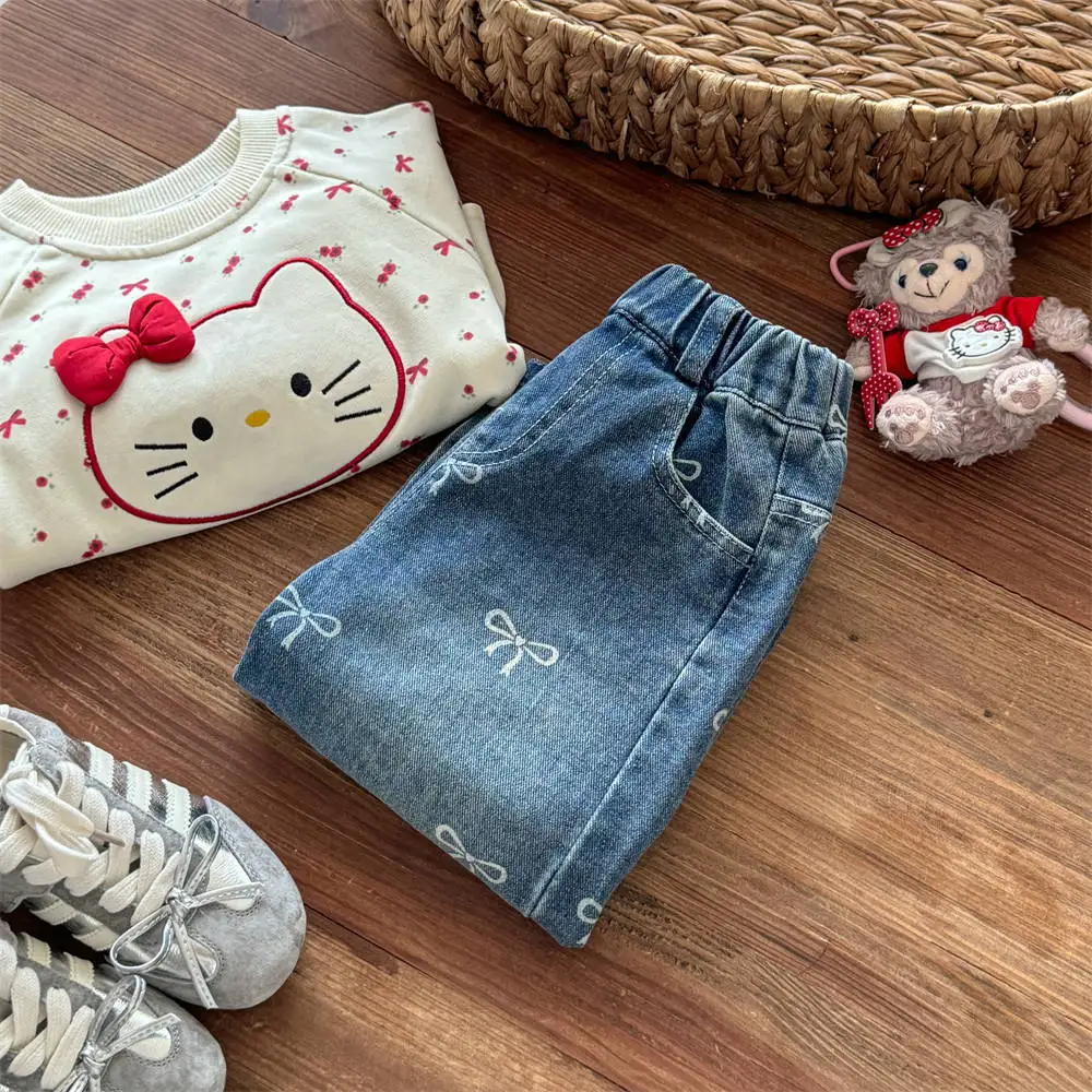 Girls' Korean Jeans Autumn Wear Foreign Style Bow Printed Straight Pants Children's Versatile Pants Autumn
