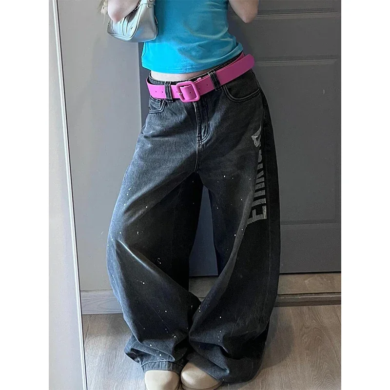 

Женские винтажные черные джинсы с высокой талией и принтом персонажей Y2K 90-х годов, прямые джинсовые брюки в стиле хип-хоп, американская уличная одежда, широкие брюки