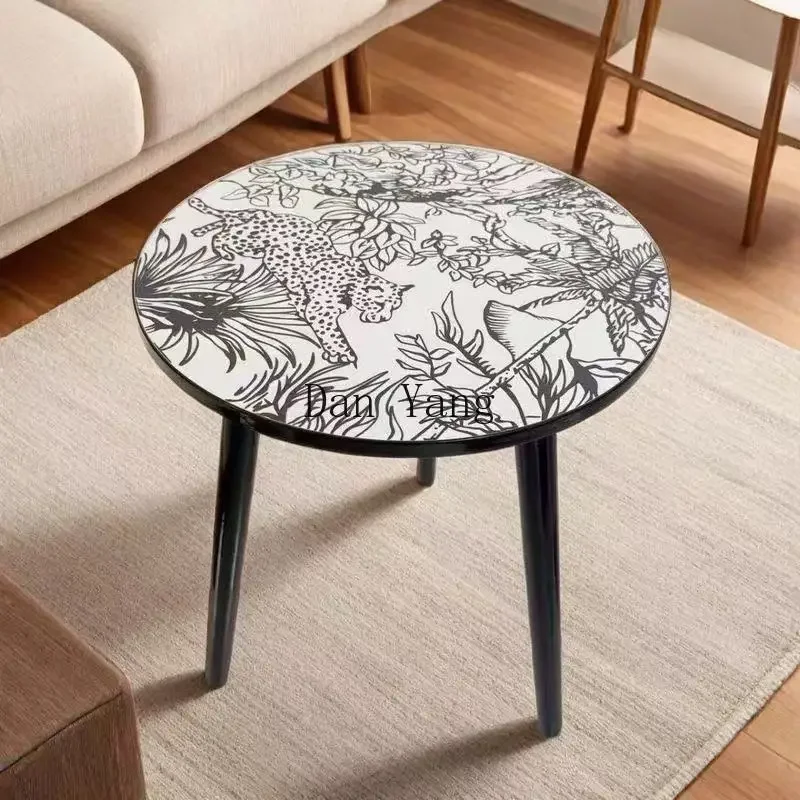 YJ side table coffee table sofa side cabinet pattern Internet celebrity bedroom small table living room corner bedside round