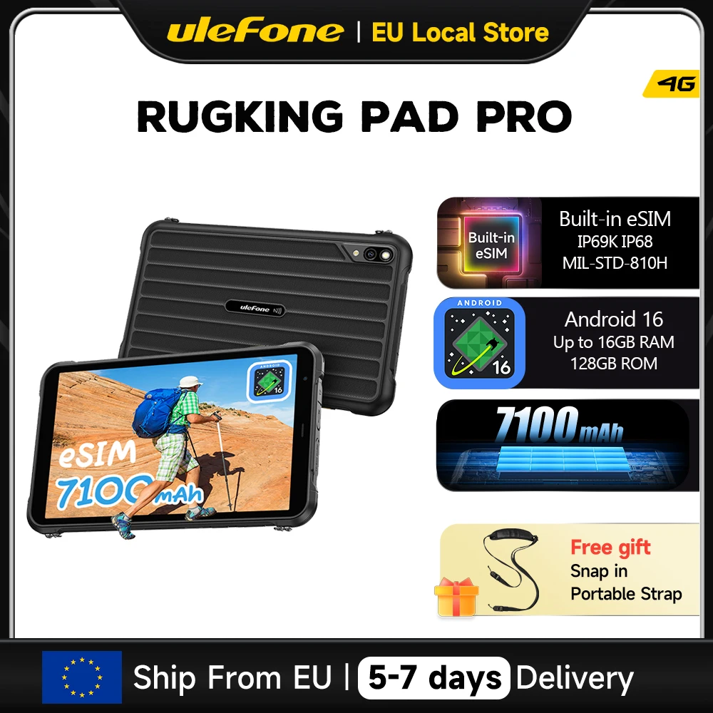 [ESIM intégrée] Tablette durcie Ulefone RugKing Pad Pro 4G, écran 8,68", 90 Hz, batterie 7100 mAh, Android 16, jusqu'à 16 Go de RAM, 128 Go de ROM, version internationale