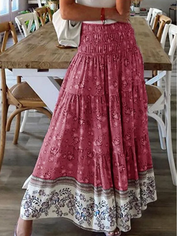 2026 Spring Summer Women Beach Skirt 21 Colors Printed Flared Casual High-waisted Long Skirt