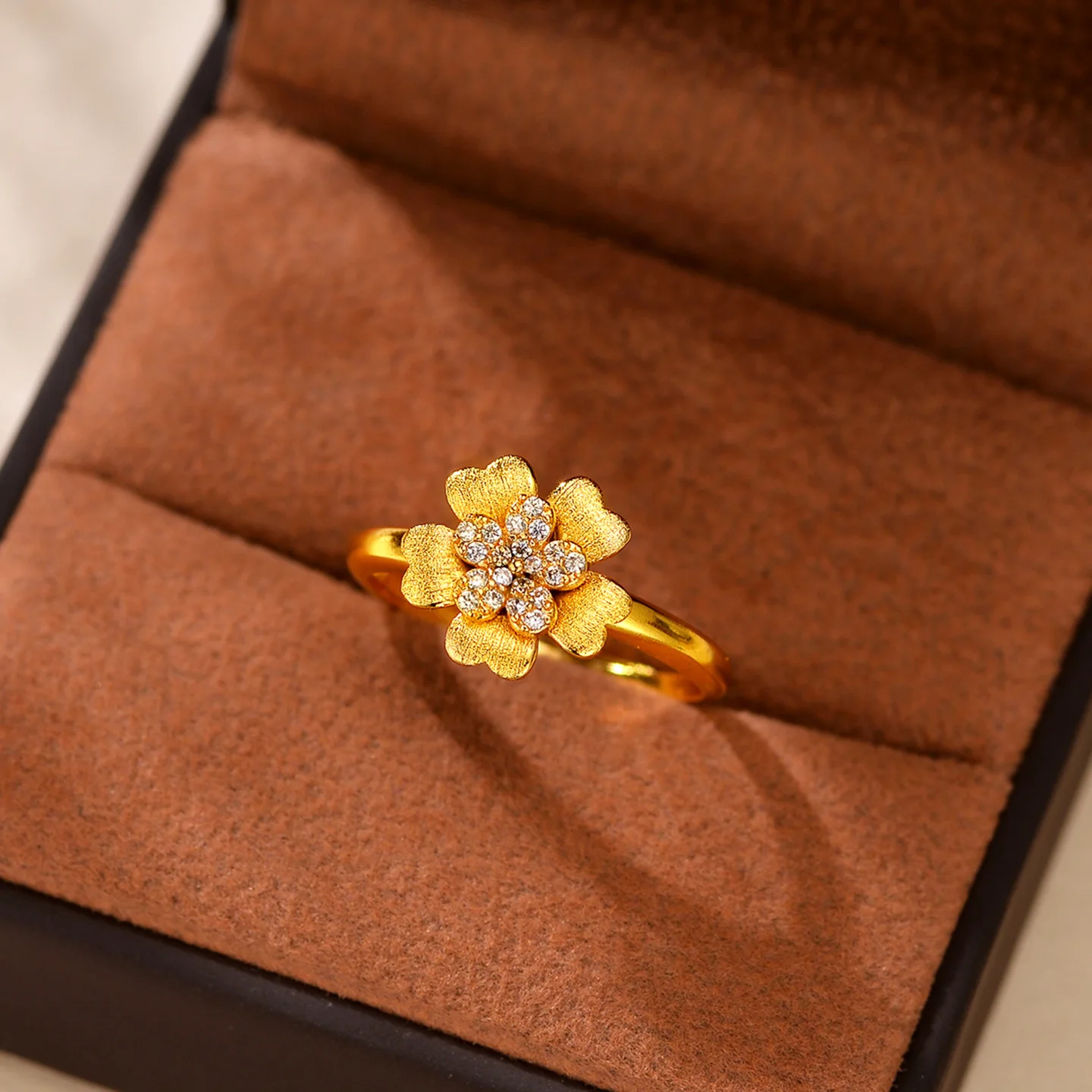 9999 gold brushed-gold petal ring - petite and sweet, with small diamonds, open-ended finger ring