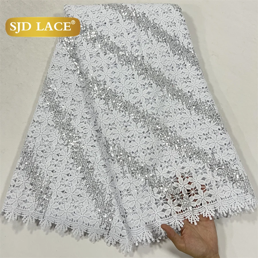 

SJD LACE African White Sequins Guipure Cord Lace Fabric 2024 New Nigerian Water Soluble Lace For Women Wedding Dress 5Yards 4070