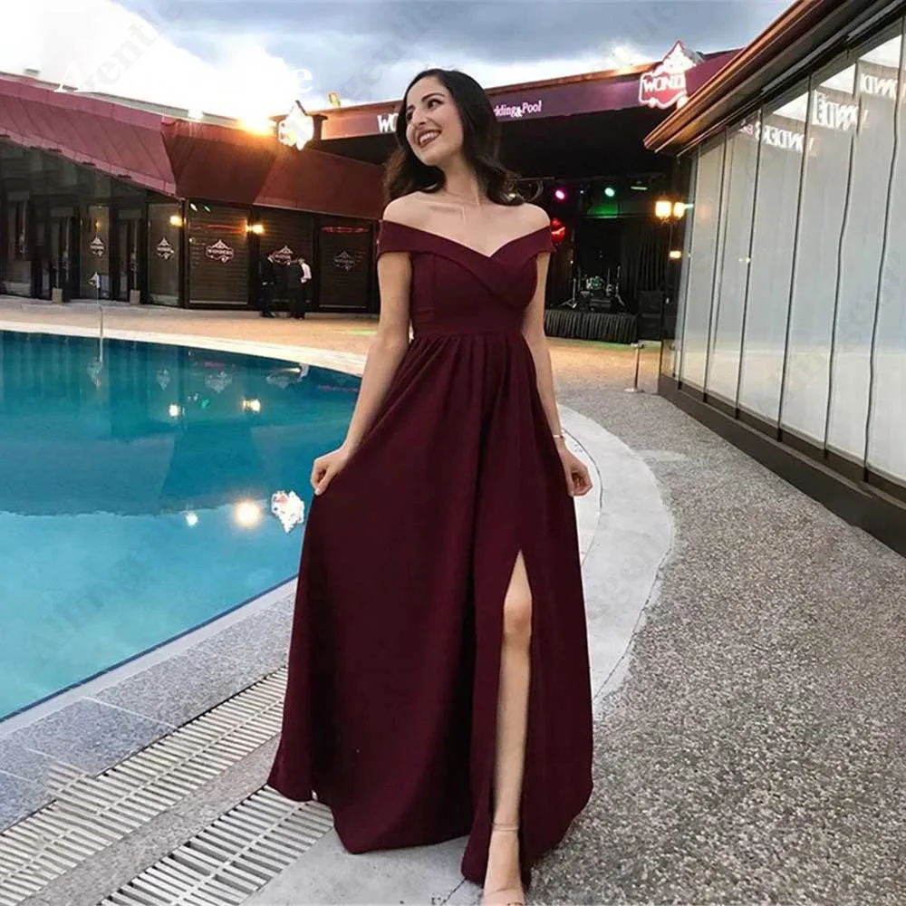 Allingentle Elegant A-Line Prom Party Dresses Off Shoulder Satin Evening Gowns For Women Formal Dress Side Slit Robes De Soirée