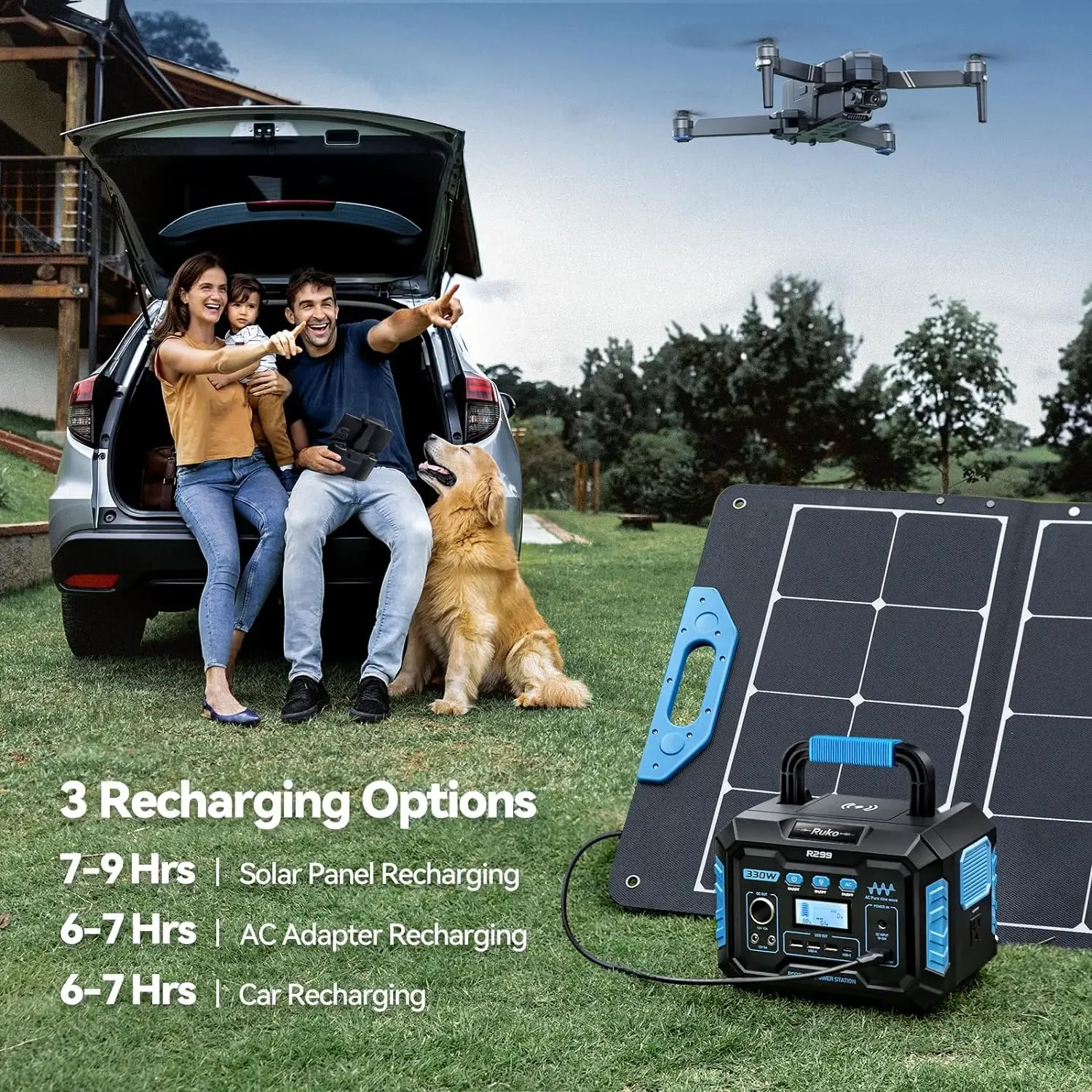 R299 Portable Power Station 330W, 288.6Wh 9-Port Portable Generator with Flashlight
