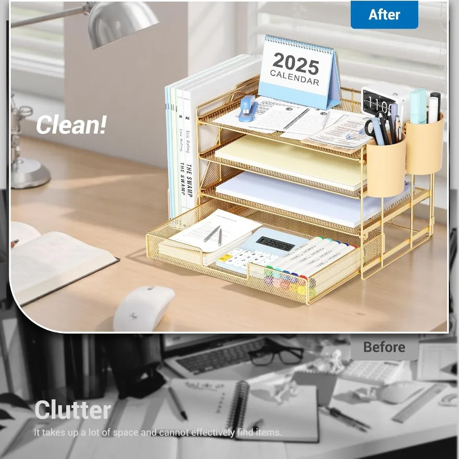 منظم ملفات سطح المكتب مكون من 4 طبقات مع درج وحاملين أقلام لتخزين اللوازم المكتبية ومنظم مساحة العمل باللون الذهبي مع M #3