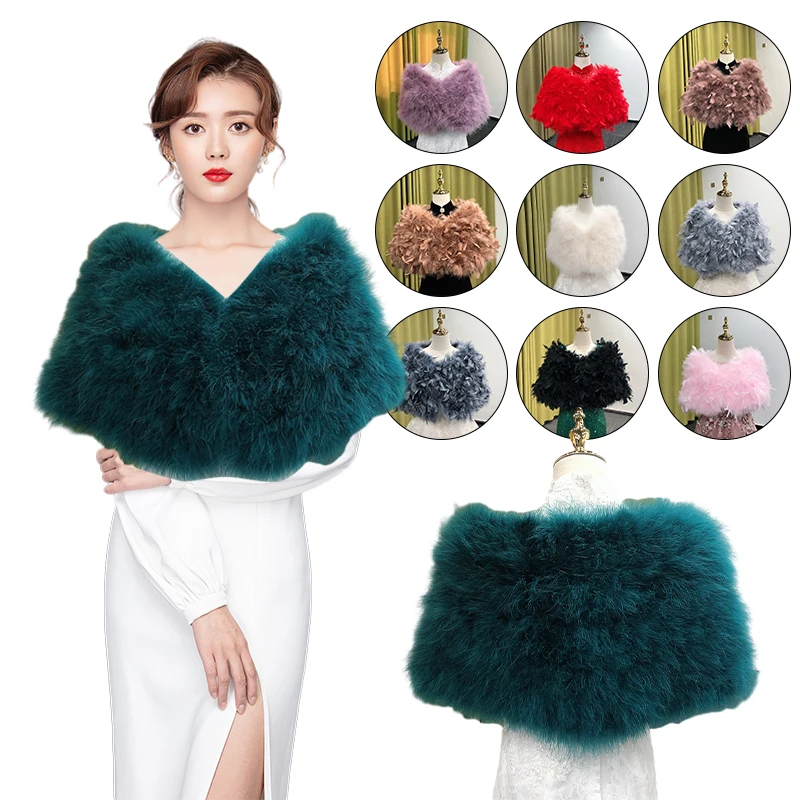 Real Ostrich Feather Wedding Shawl Women Winter Fur Wrap Cape Scarf Fluffy Feather Bridal Shrug Party Stoles Bride Cape Cloak