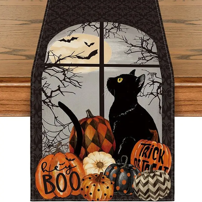 VIKAMA Halloween Table Runner Black Cat Ghost Pumpkin Bat Print Linen Table Decor For Holiday Dining Farmhouse Party Decor
