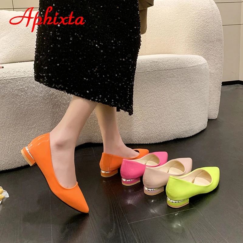 Aphixta Orange New Spring Autumn Shoes Woman Pointed Toe Flats Heels Patent Leather Slip On Fashion Loafers Plus Big Size 46