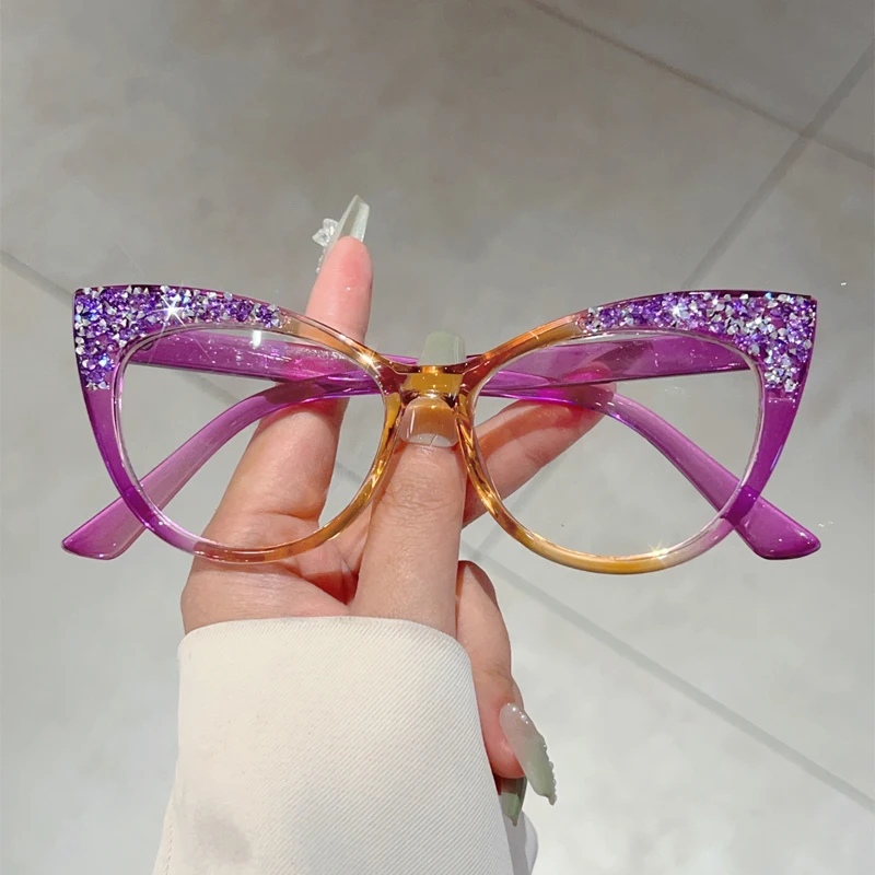 KAMMPT Fashion Cat Eye Multi Color Frame Women\'s Trendy Crystal Shiny Glasses Non-prescription Original Brand Design Eyewear