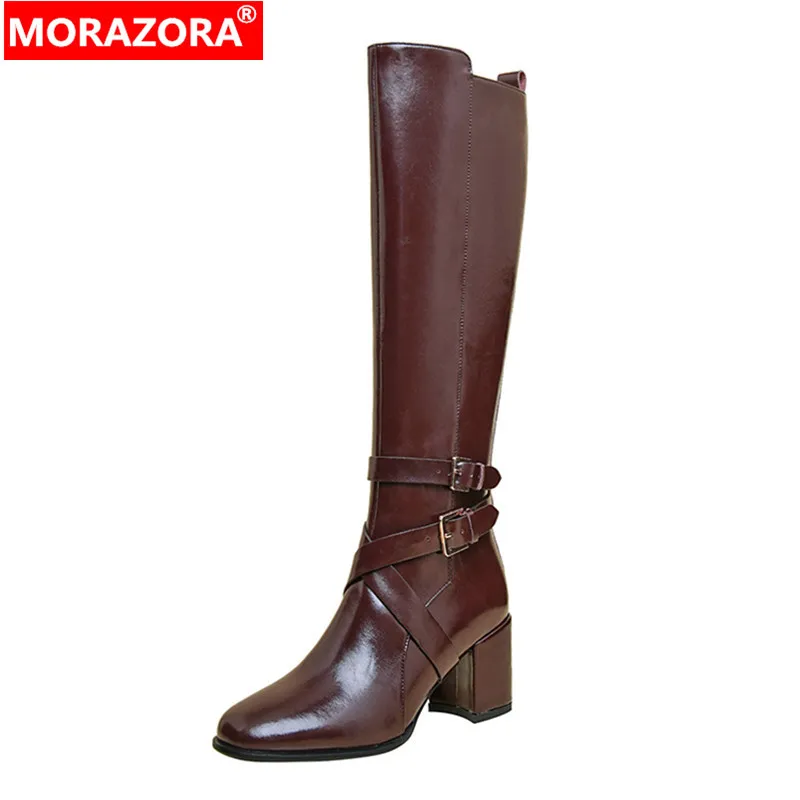 MORAZORA 2024 New Popular Knee High Boots Zipper Genuine Leather Winter Boots Woman Ladies Thick High Heels Shoes