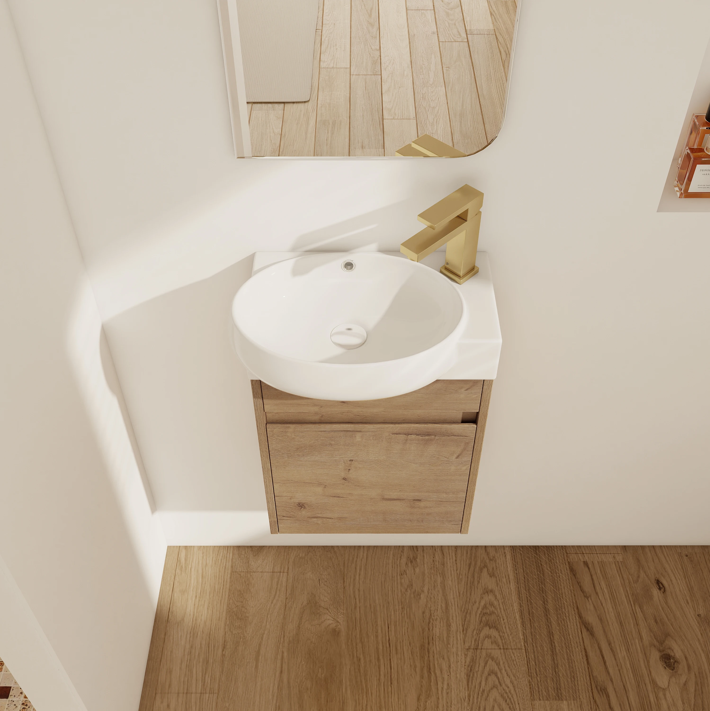 Bathroom Vanity&Sink, Floating Plywood Cabinet with Soft Close Door, Ceramic Sink, Pre-assembled, Imitative Oak