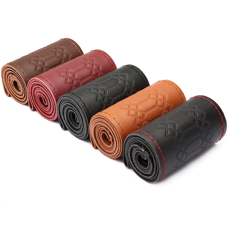 Car Steering Wheel Cover DIY Genuine Leather Emboss Braid On Steering-Wheel With Needles Thread 37 38cm Car-Styling