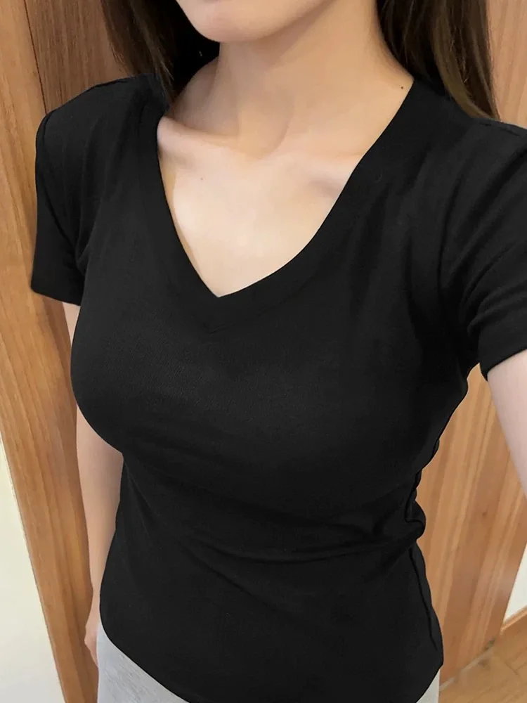 Black V-Neck Short Sleeve Slim Fit T-Shirt Women's Summer Low Cut Bone Exposure Top plus Size Conceal Meat Show Thin