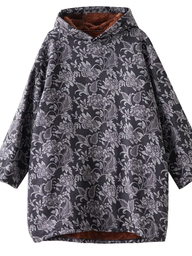 特大秋冬ぬいぐるみのような毛皮のフード付きスウェットシャツ女性花花柄モディスレディーススウェットシャツカジュアルルーズ女性スウェットシャツ