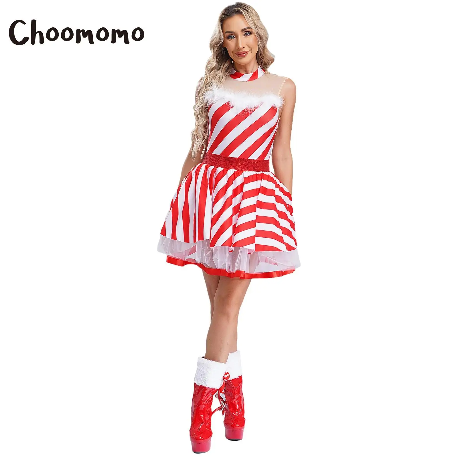 

Women Santa Claus Christmas Dance Costume Sleeveless Sequin Striped Candy Cane Dress Leotard Tutu Dress Ballet Skating Bodysuit