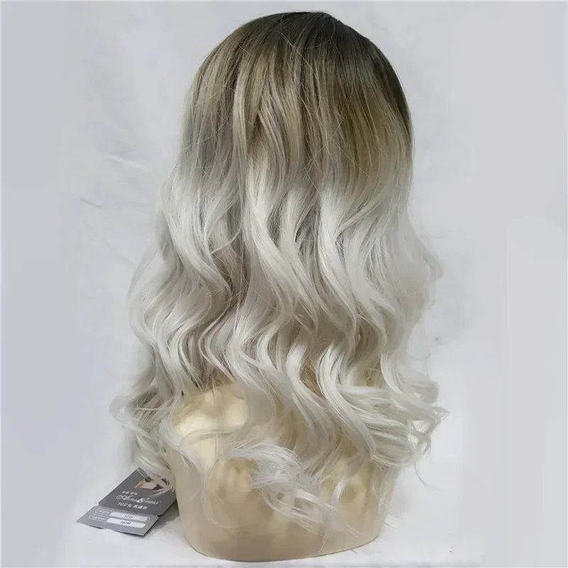 Kuat Wanita Wig Ombre Abu-abu Silver Akar Gelap Panjang Gaya Rambut Keriting dengan Bang Sintetis Penuh Wig