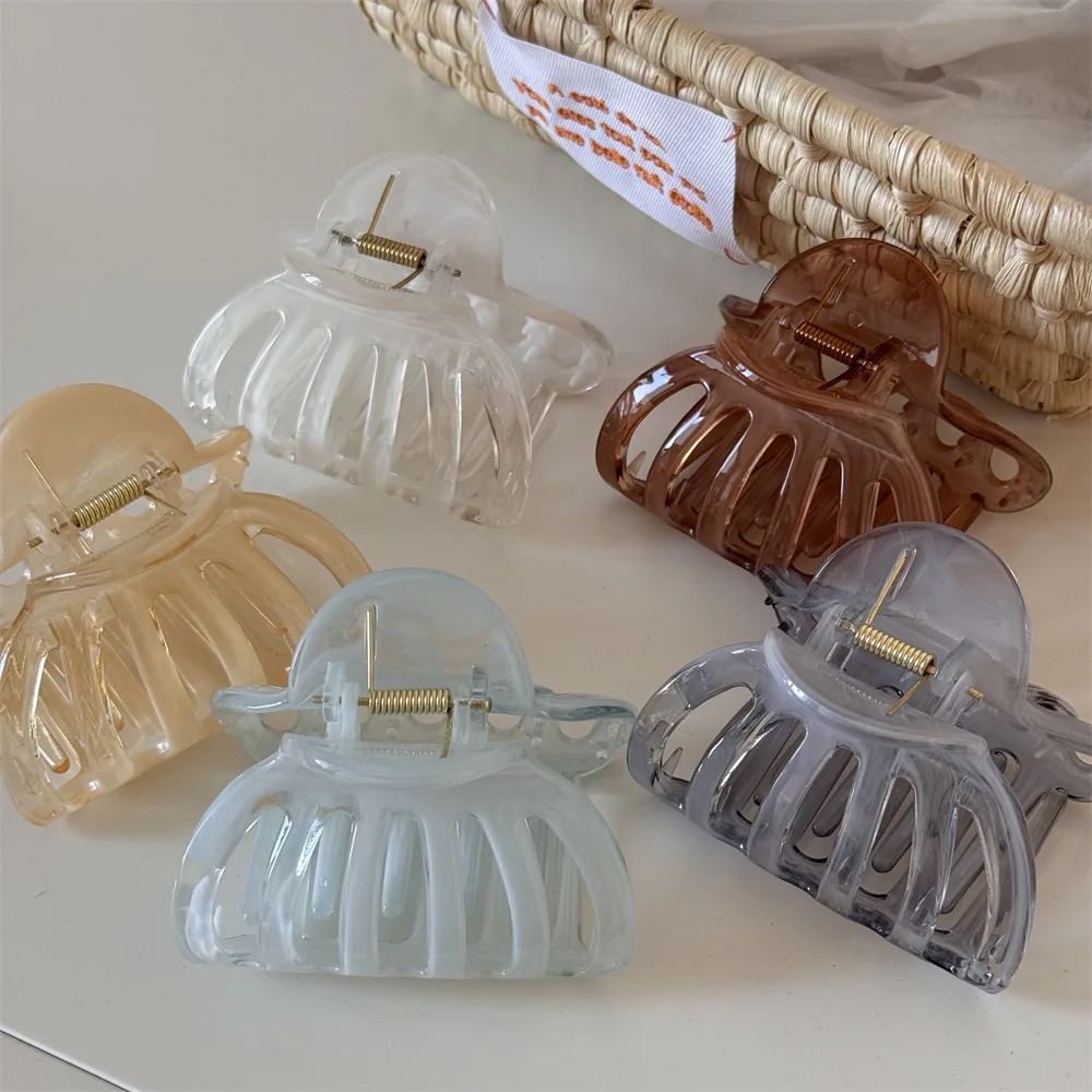 Korean Jelly Color Pumpkin Shark Clip Retro Hollow Out Hair Claw Sweet Temperament Versatile Back Head Female Ponytail Clip New