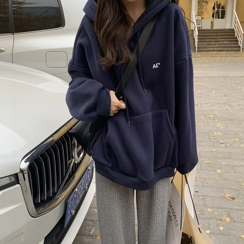 Women Hoodies Letter Embroidery Clothing Leisure Hooded Pullover All-match Streetwear Retro High Street Gothic Thickening Warm