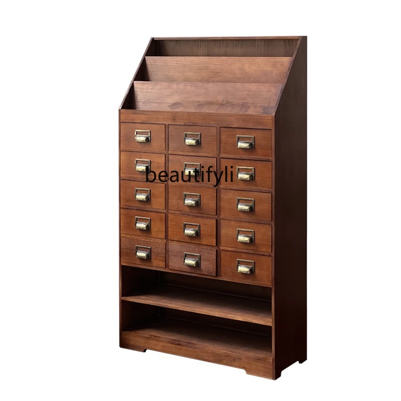 Solid Wood Storage Magazine Bookcase Record Multi-Drawer American Retro Chest of Drawers Living Room Side Storage Cabinet