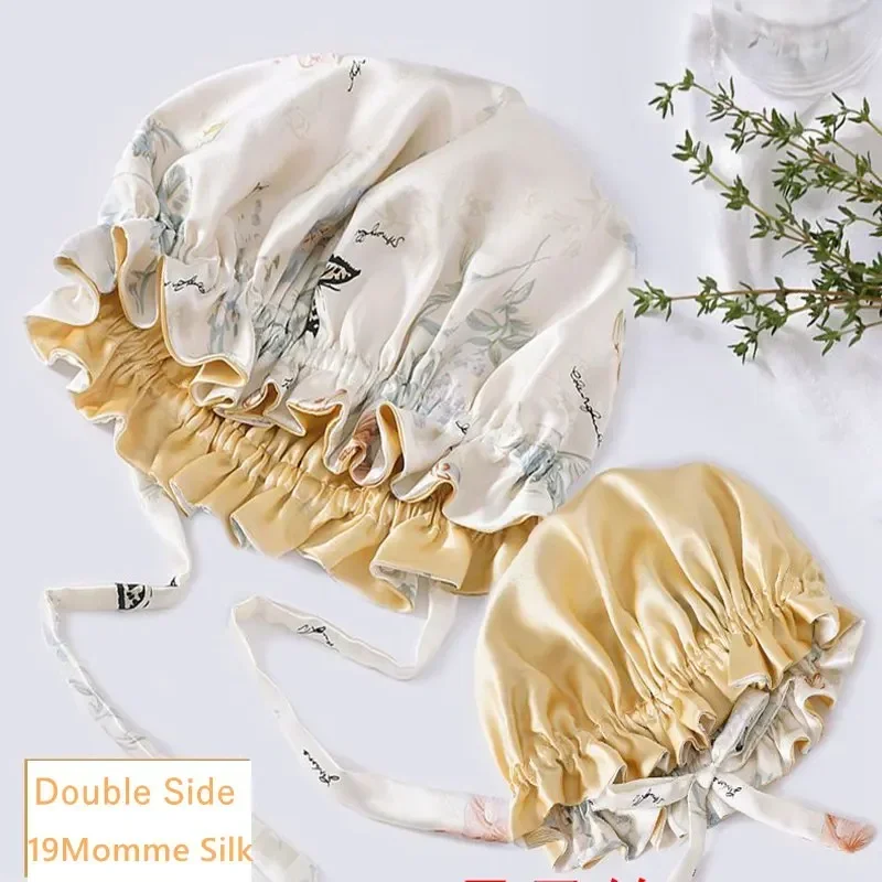 

Thickened Double Side Luxury 100% 19 Momme 6A Mulberry Silk Night Sleep Cap Adjustable Bonnet Cap Elastic Cap for Girls