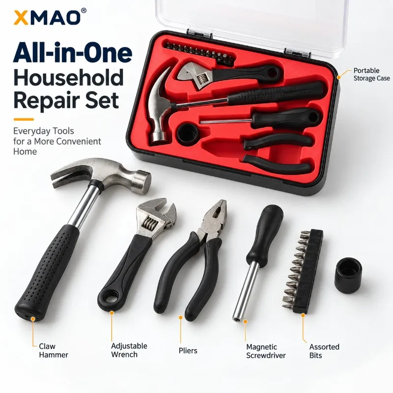 17-Piece DIY Home Tool Kit with Claw Hammer, Adjustable Wrench, Combination Pliers, Magnetic Screwdriver Bits and Carry Case