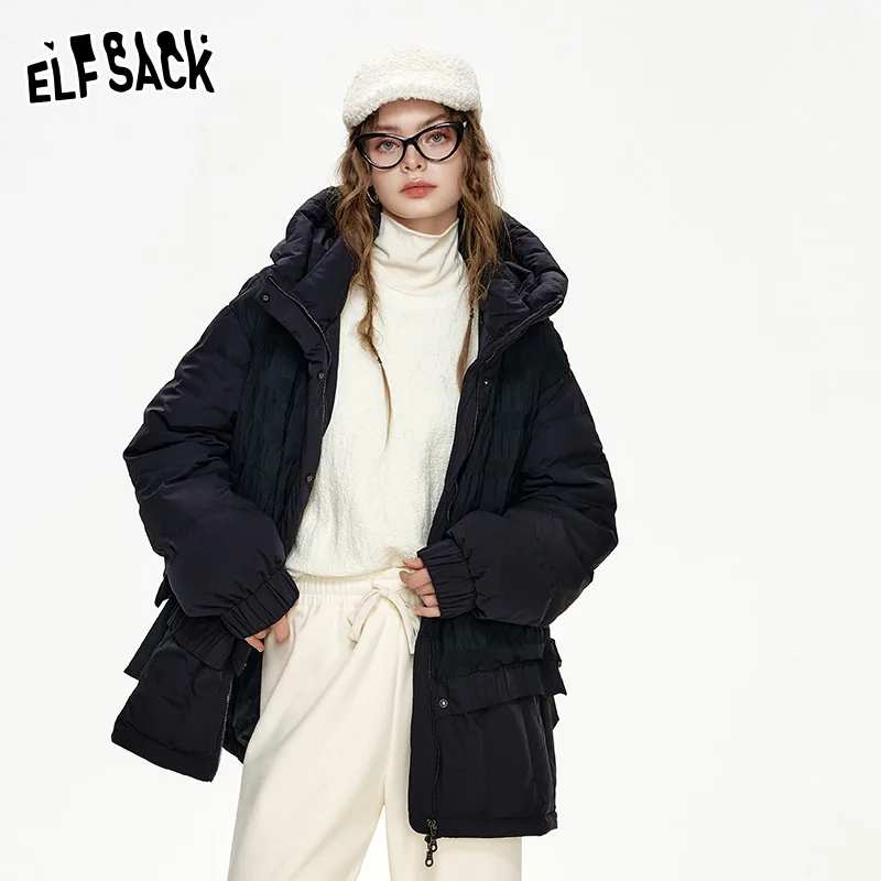 

ELFSACK 2024 Winter New Arrivals Black hooded down jacket for women Pleated fabric warm and thick jacket