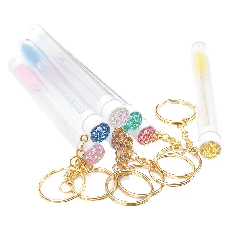 10 pçs tubo escova de cílios com chaveiro de ouro glitter rímel varinha para mulheres extensão de cílios micro pente recipiente ferramentas de maquiagem