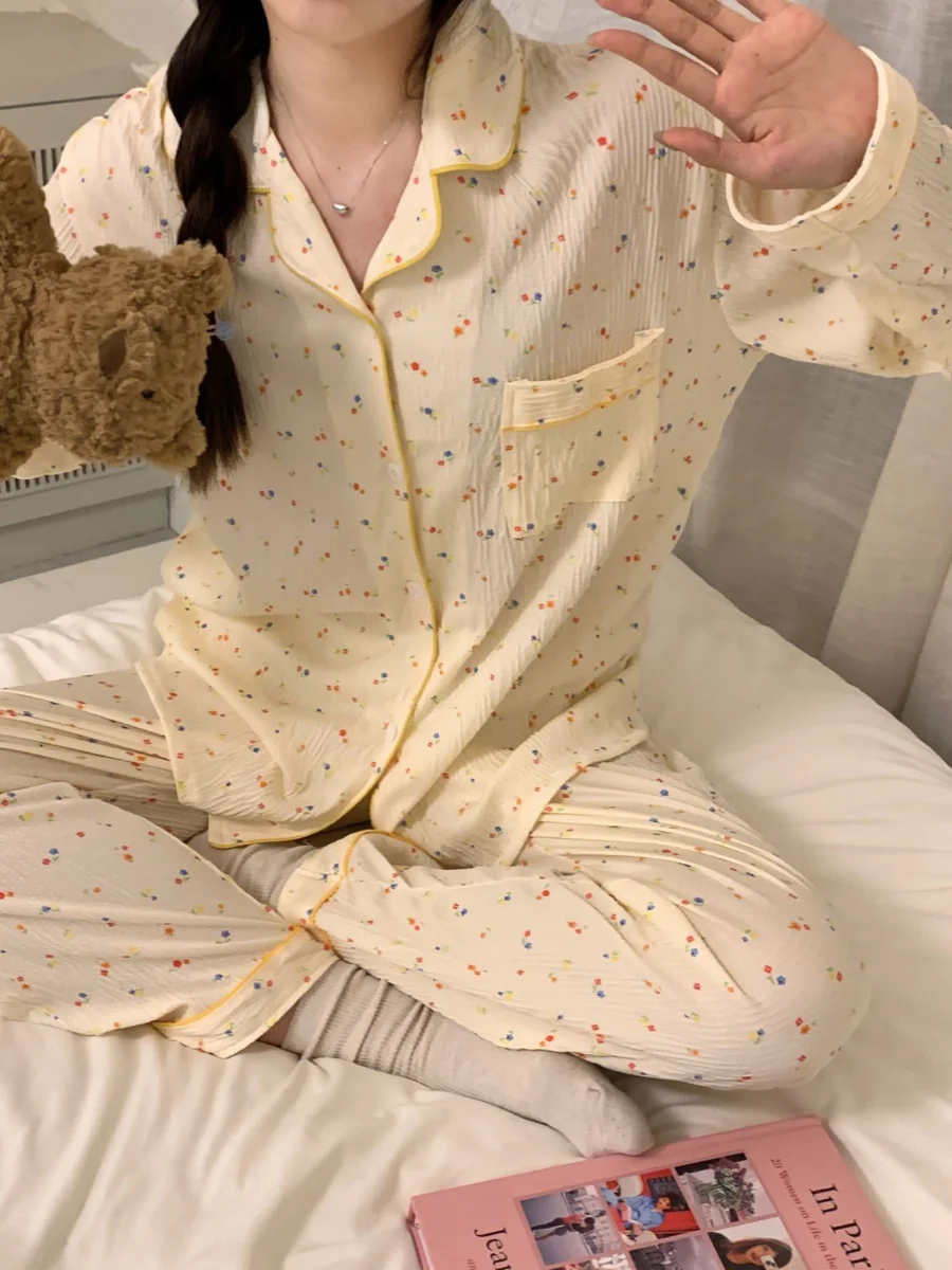 

Polka Dot Cotton Muslin Sleepwear Set for Women Casual Long Sleeve Home Clothes Two-Piece Set Spring Autumn