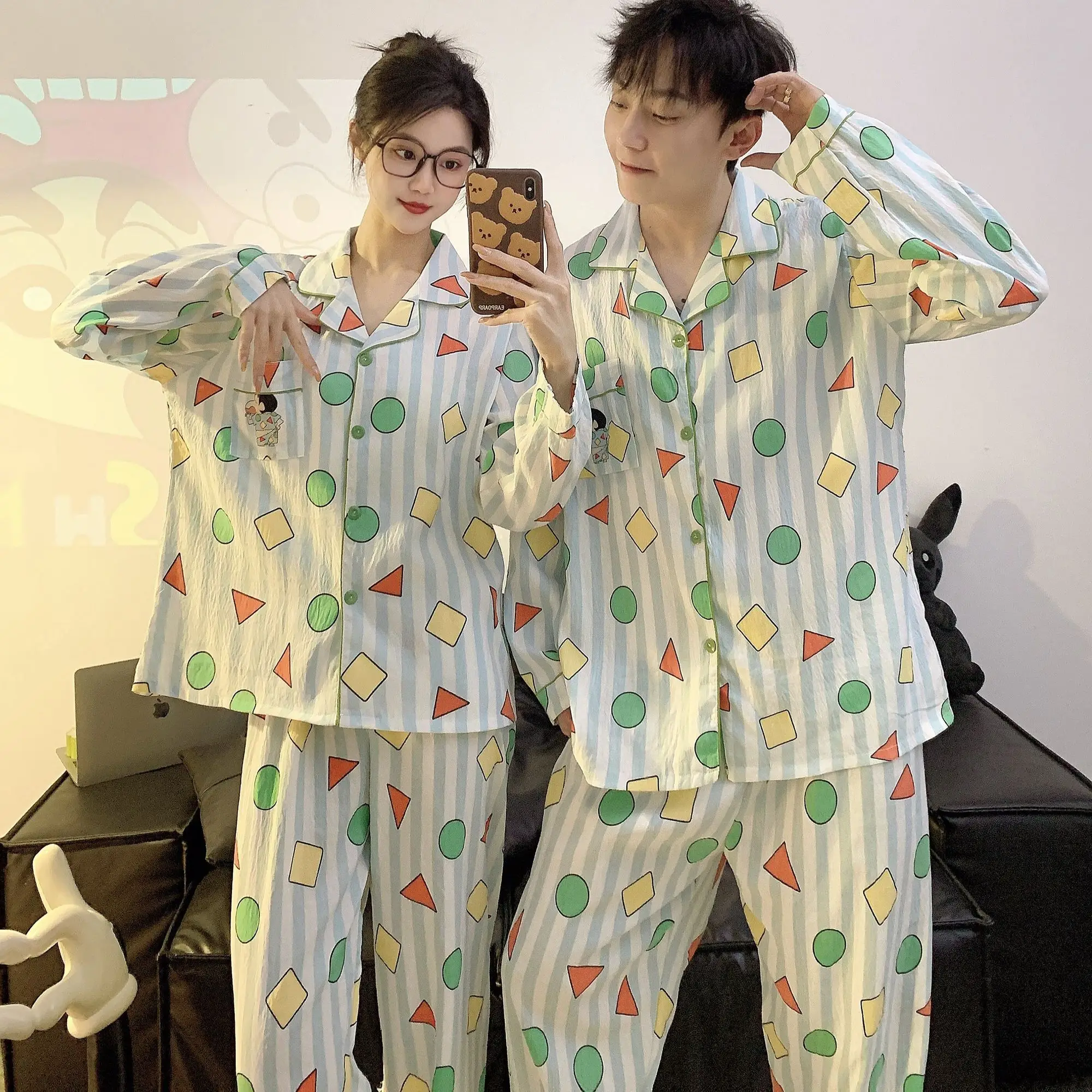 Spring New Crayon Shin-Chan Couple's Homewear Cotton Kawaii Women Men Outer Wearing Home Suit Creative Cartoon Korean Version