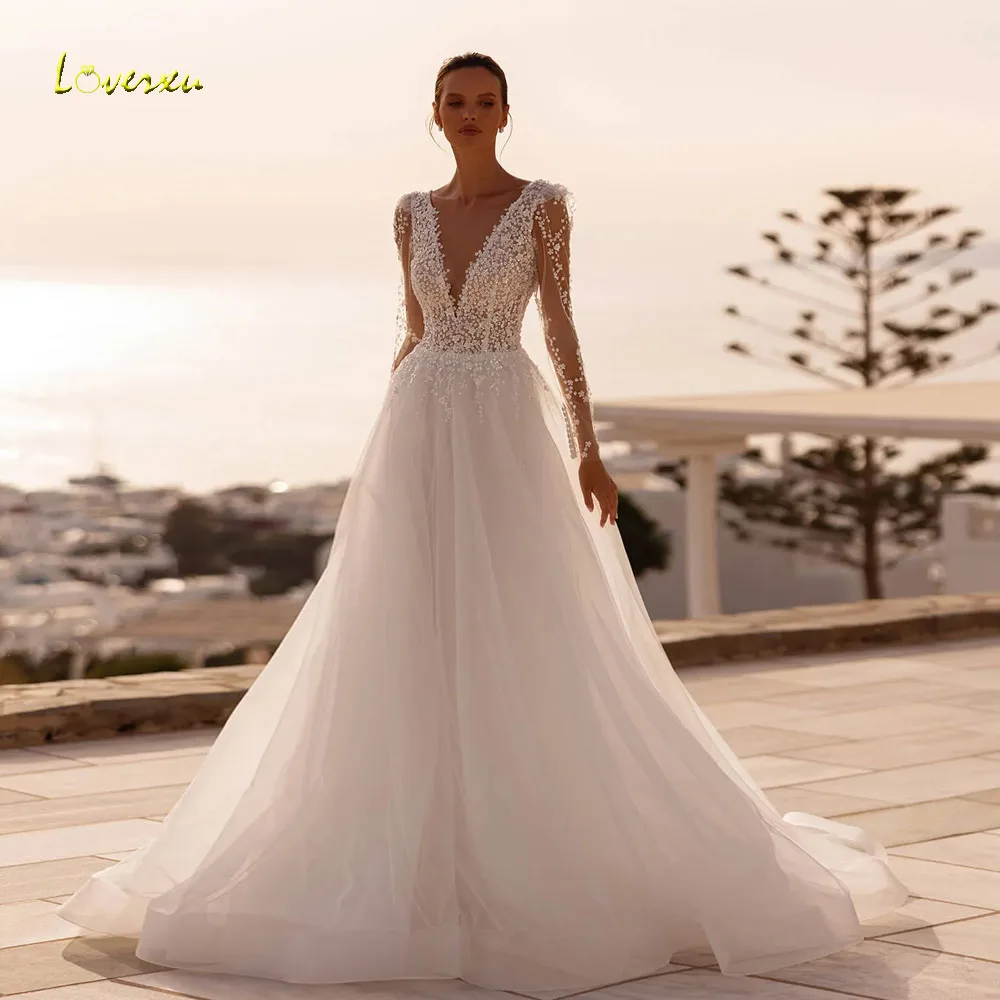 

Loverxu A-Line Delicate Wedding Dresses V-Neck Long Sleeve Vestido De Novia Lace Embroidery Vintage Custom Made Bridal Gown