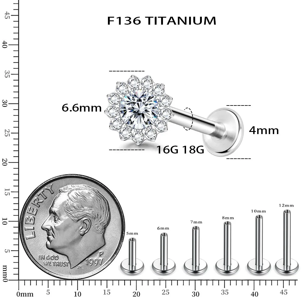 F136 Titanium Sun Zirconia Flower Earrings 16G18G Inner Spiral Lip Stud Ear Bone Stud Titanium Piercing Jewelry Fashion