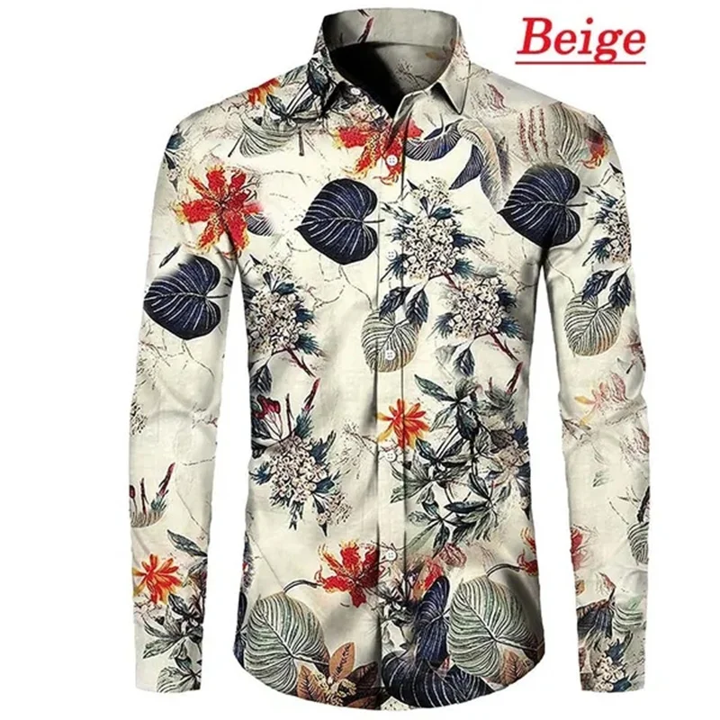 Flower Leaf Pattern Hawaiian Shirts For Men Colorful Plant 3D Printed Aloha Shirts Casual Loose Long Sleeve Lapel Tops Blouses