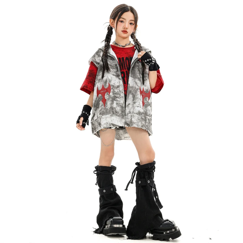 Mädchen Hip Hop Coole Weste Mit Kapuze Denim Shorts Mode Street Dance Kostüme Gruppe Streetwear Jazz Bühne Leistung Kleidung Sets