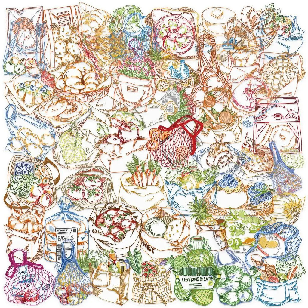50Pcs Color Line Drawing Food PET Waterproof Stickers, Minimalist Cartoon Snack Graphic Decals for Fridge, Guitar, Phone Case