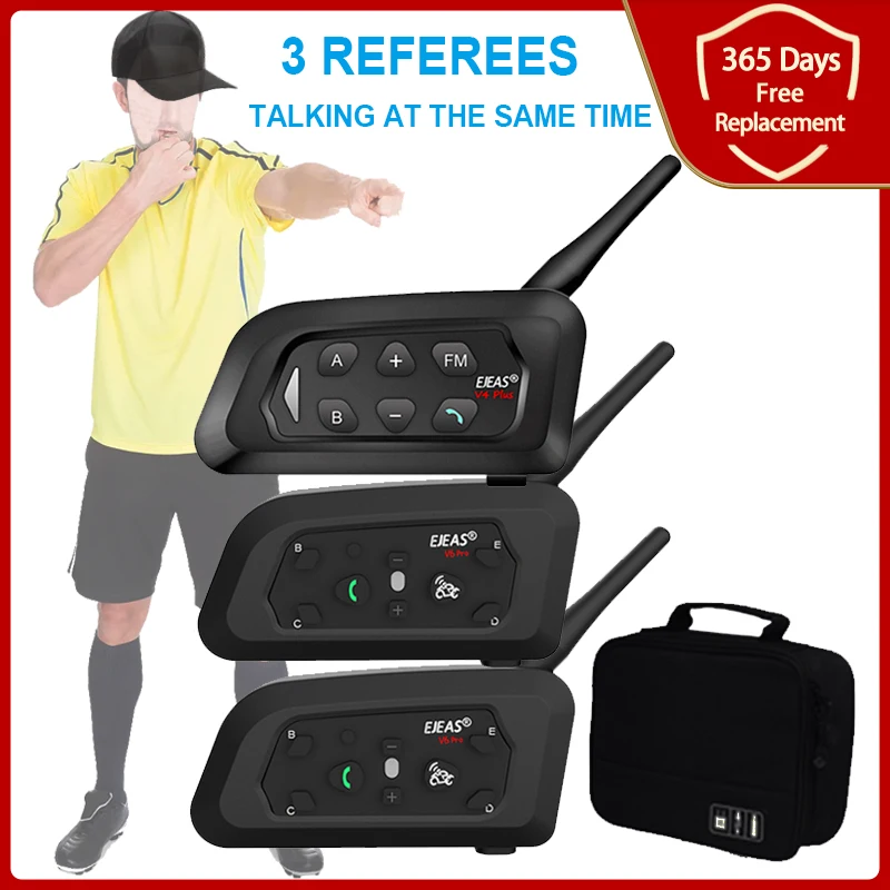 EJEAS V4C PLUS +V6C PRO x2 Football 3 Referee Intercom Headset Soccer 1200M Full Duplex Bluetooth Conference Interphone +Handbag