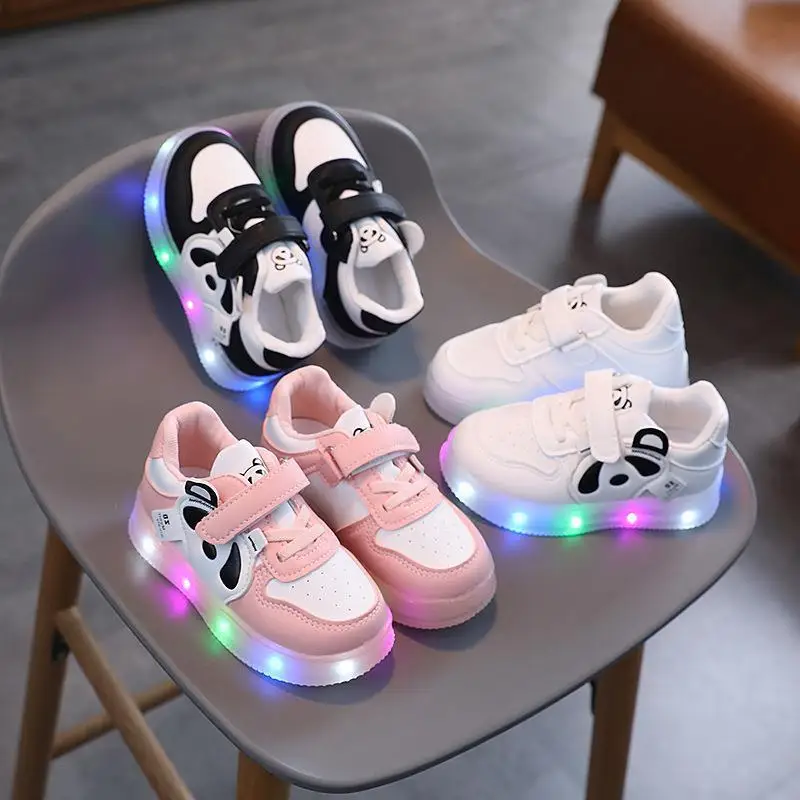 New Light-up Sneakers Boys Girls Spring Kids Shoes Children Soft-soled Non-slip Panda Casual Shoes Comfortable Sports Shoes Baby