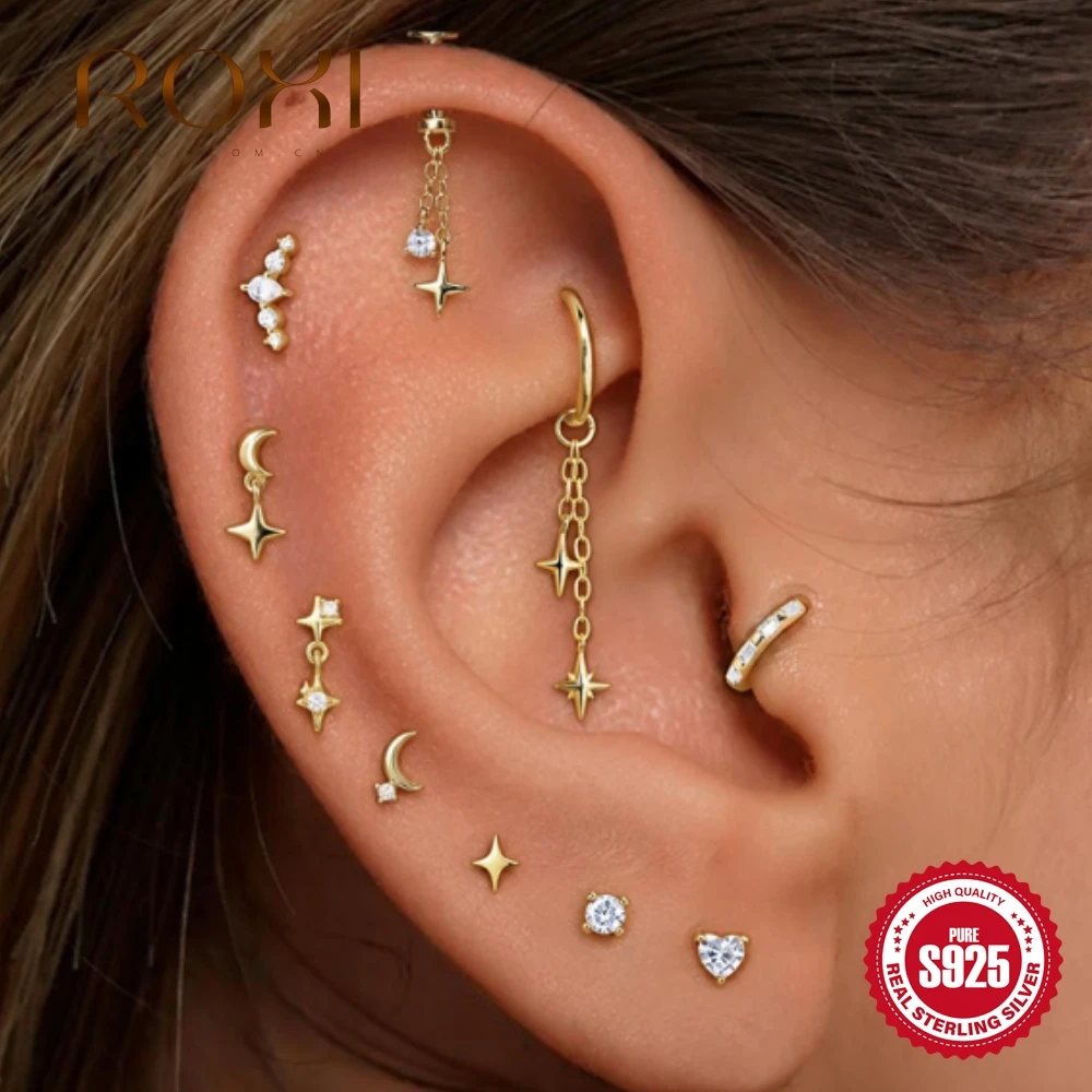 ROXI 1PC, boucle d'oreille en argent S925 avec zircon, piercing de cartilage, chaîne en forme de lune et d'étoile, pendentif à franges, pour femmes, cadeau, bijoux fins, accessoires.
