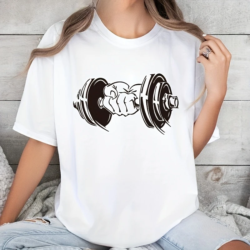 Weight Lifting Dumbbell T Shirt Men Women Gym Workout Graphic Tee Fitness Training Casual Tops Sporty Streetwear Daily Wear Top