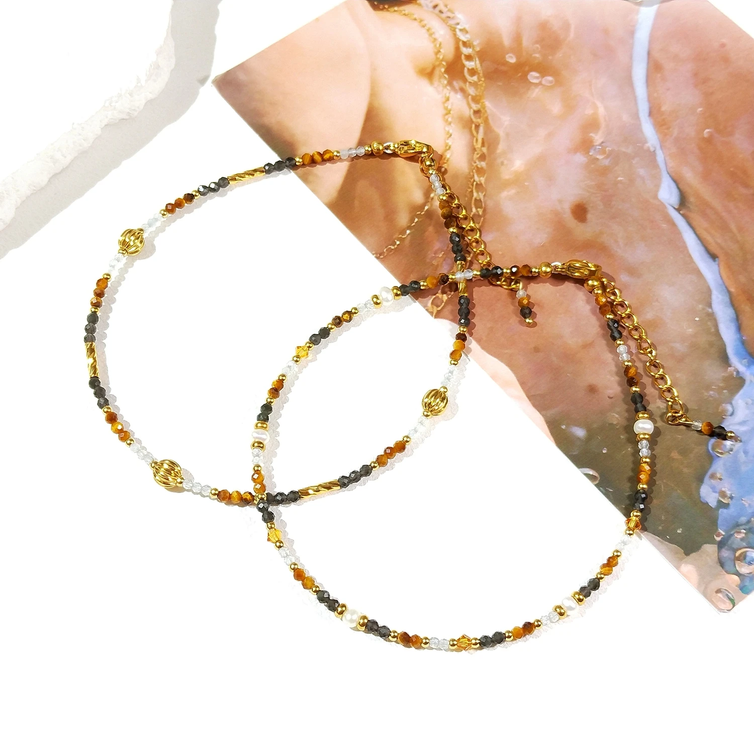Lii Ji Natural Stone 2mm Citrine Obsidian Tiger Eye With Crystal Beaded Anklet 24+4cm Handmade Bohe Fashion Jewelry For Female