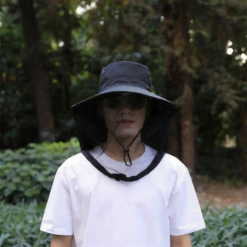 2026 Men's Wide Brim Sun Hat UV Protection Fishing Hat with Neck Flap Removable Face Mask Breathable Summer Outdoor Safari Cap