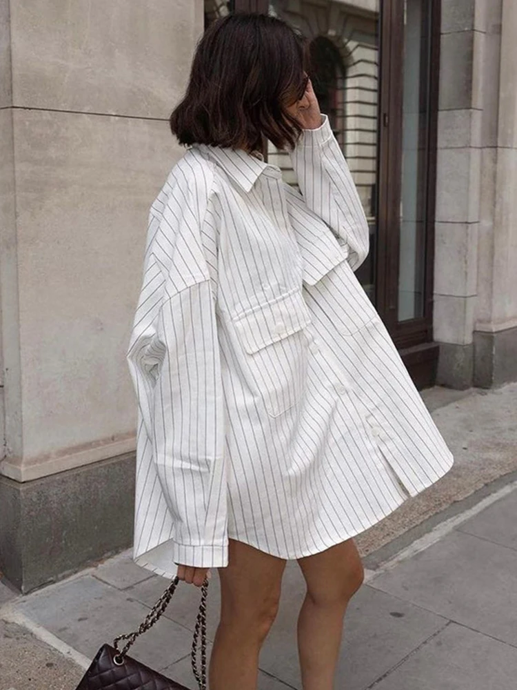 Mumaroho 2023 Autumn Winter Fashion Women Oversized Striped Long Shirt White Casual Long Sleeve Loose Fit Blouse Female