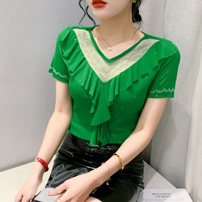 #5456 Black Red Green Mesh T Shirt Women Hollow Out Ruffles Tight Stretch Tshirt Short Sleeve Sexy Streetwear Tee Thin V-neck