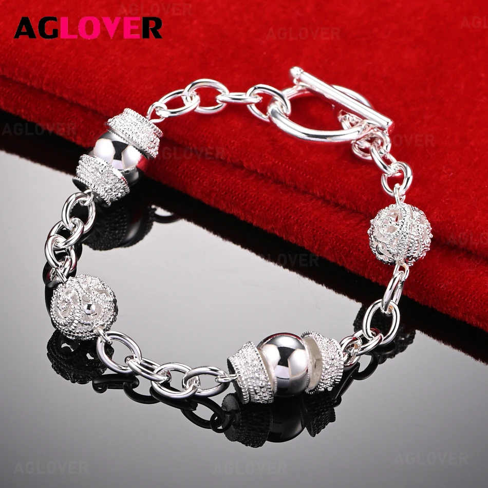 

AGLOVER 925 Sterling Silver OT Buckle Hollow Ball Bracelet Women Charming Cute Holiday Gift Jewelry