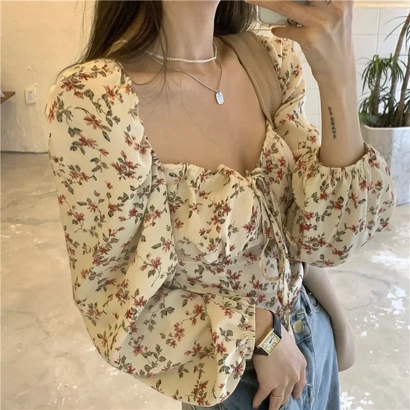 Blouses Women Floral Trendy Design Lovely Puff Sleeve Lace-up French Style Vintage Elegant Cozy All-match Leisure Femme Crop Top