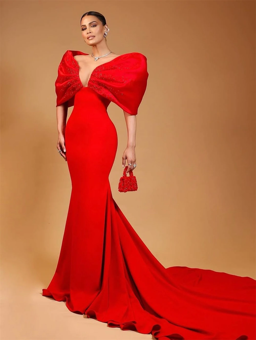 فستان سهرة أنيق من الجيرسيه الأحمر مخصص رسمي برقبة على شكل حرف V قبالة الكتف فستان الحفلات الناعم حورية البحر ذيل محكمة فستان العودة للوطن