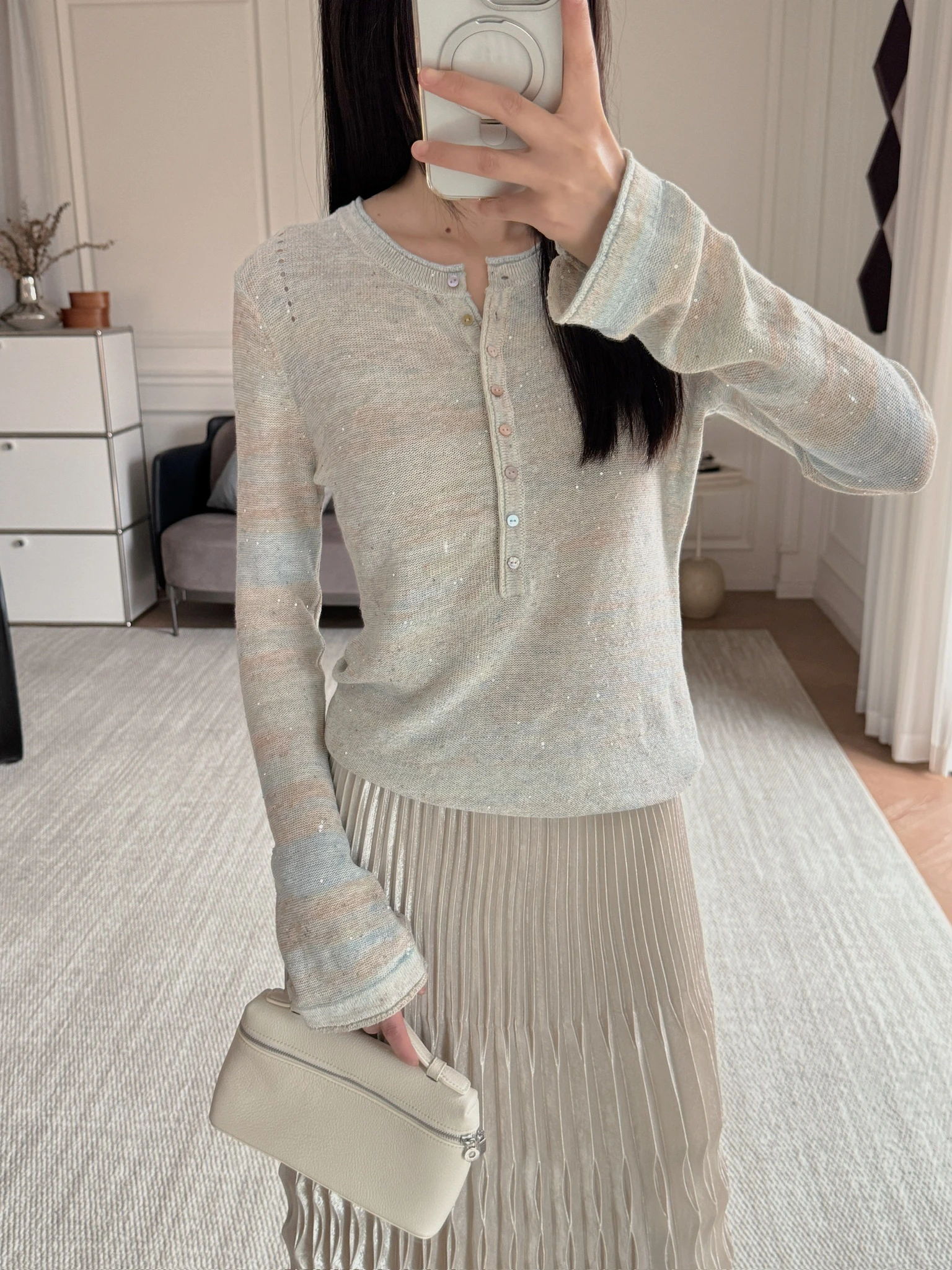 

French Style Loose Fit Knitted Sweater with Bell Sleeves Shiny Sequins Henry Collar Cotton Linen Blend Long Sleeve Top
