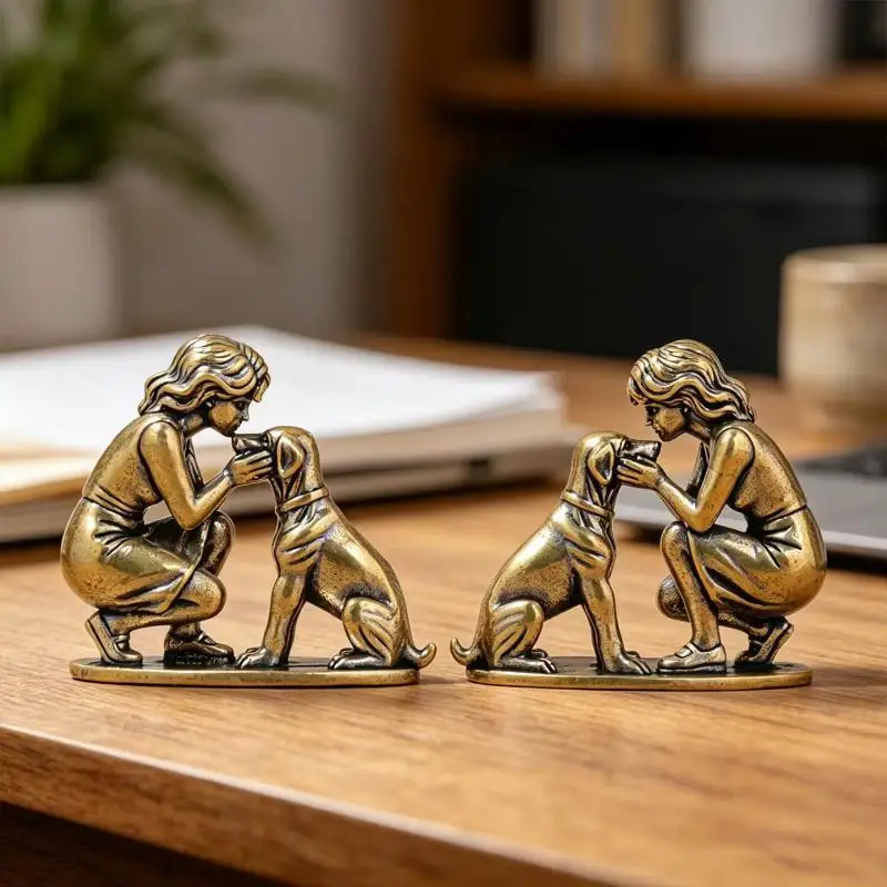 NEW Brass Girl Dog Figure Home Desk Ornament Retro Figurine Small Decorative Crafts Creative Decor - view 6